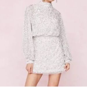 Nasty Gal Balloon Sleeve Sequin Embellished Mini Dress White NWT